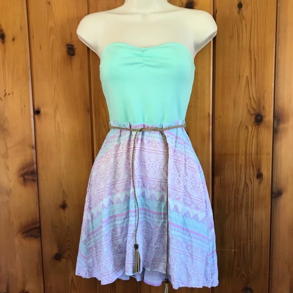 Roxy Strapless Mint Green and Lavender Patterned Dress